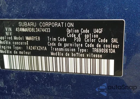 2020 Subaru Ascent Touring z USA, uszkodzony, nr VIN 4S4WMARD8L3474433